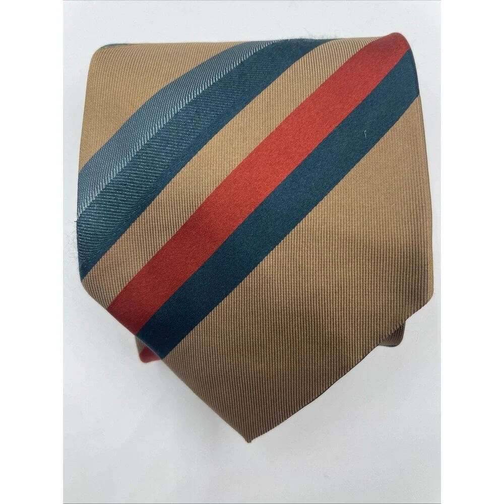 Gianni Versace Tie Men's 100% Silk Gold Brown W Red Blue Stripes Made in Italy